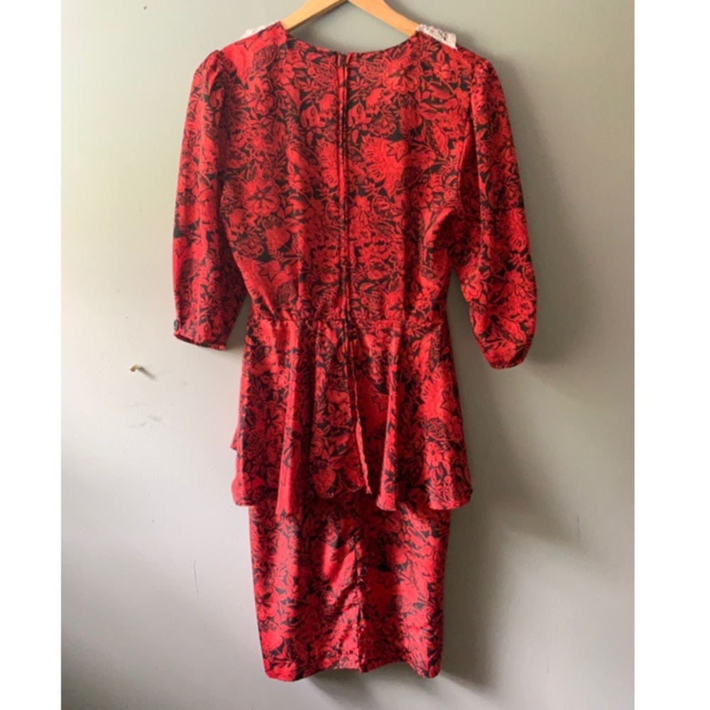 Vintage Red Dress Black Flora Design and Lace - Picture 4 of 6